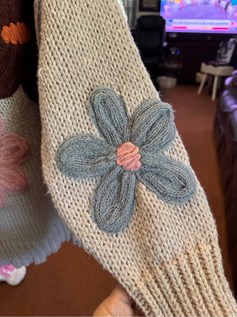 Katydid Cream Crewneck Sweater with Multicolor Floral Yarn Appliqués - Picture 6 of 8